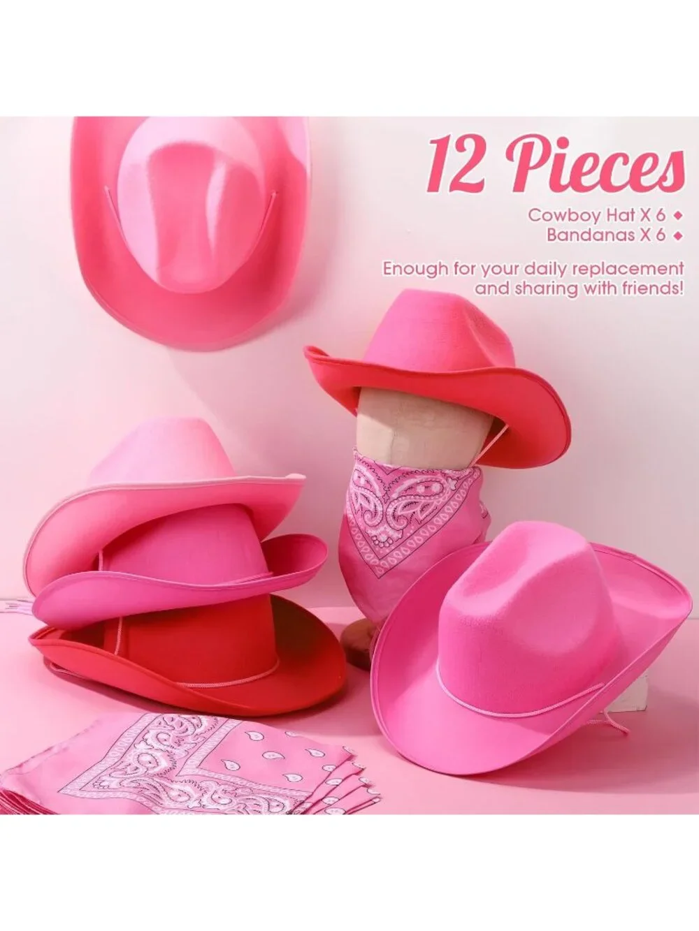 Men's Mixed Pink Bandanas Bulk Adjustable Felt Western Cowboy Cowgirl Hat 12 Pcs
